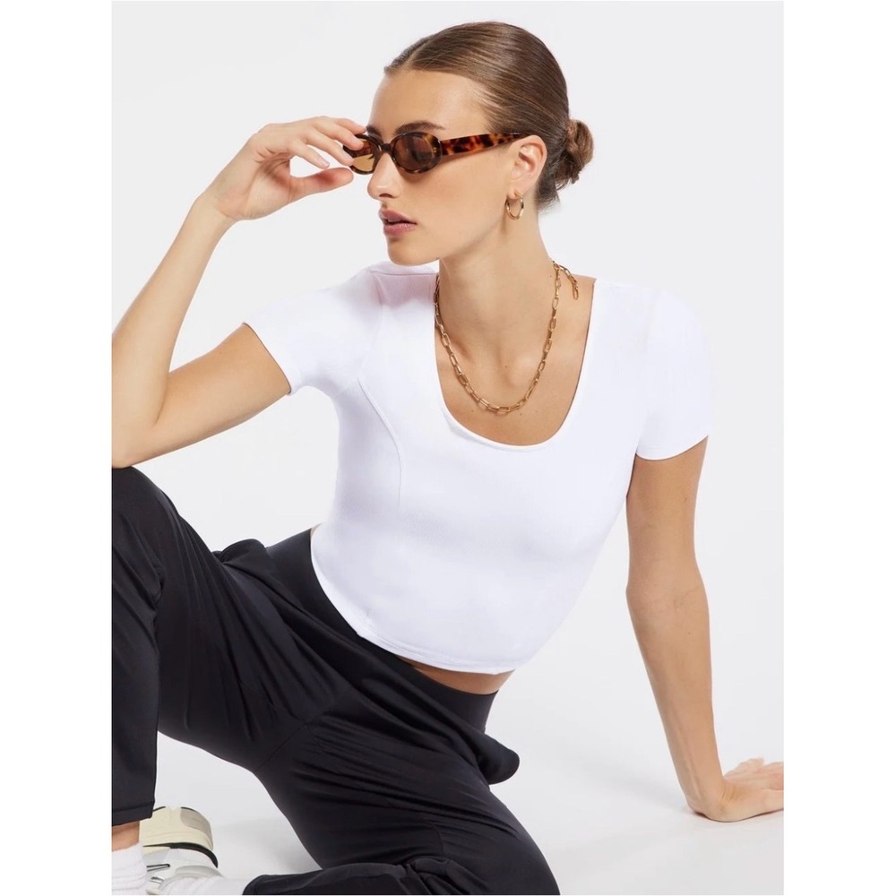 BANDIER White Ribbed Square Scoop Neck Crop Top Short Sleeve XS NWT